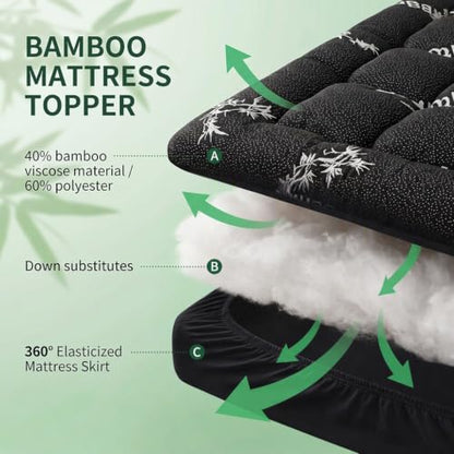 Queen Mattress Topper Viscose Bamboo Pillow Top Pad Dark Gray - Breathable & Soft