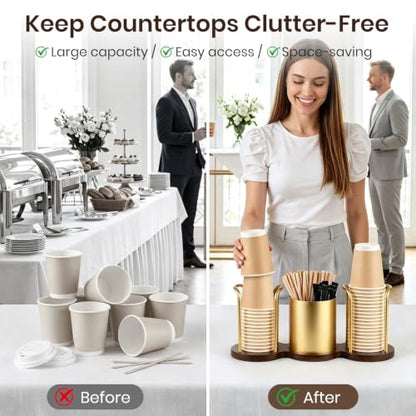 Coffee Cup Dispenser with Straw & Stirrer Storage - Gold, Small (3.35in)