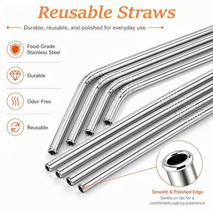 Reusable Metal Drinking Straws Set for 20 & 30 oz Tumblers with Cleaning Brushes