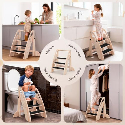Wooden Foldable Toddler Step Stool for Bathroom Kitchen Potty Training
