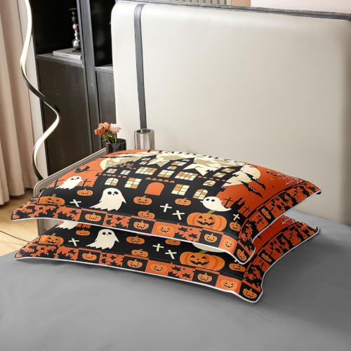Halloween Haunted House Duvet Cover Set - King Size Cotton Bedding with Ghost Design, Orange Black Variation