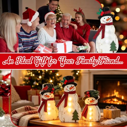 3 Pack Christmas Snowman Wooden Decor with LED Lights - Holiday Table Ornaments