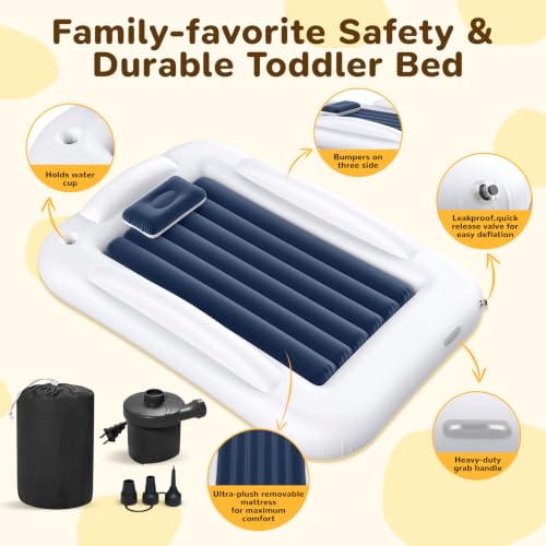 Inflatable Toddler Travel Bed 53 Inch Portable Air Mattress with Safety Rails