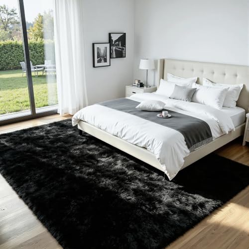 Black 8x10 Area Rug for Living Room & Bedroom Soft Fluffy Fuzzy Fur Shag