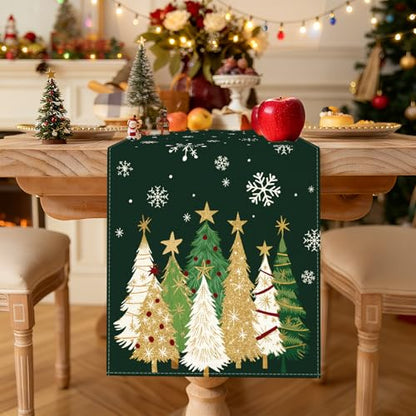 Snowflakes and Christmas Tree Table Runner - Green, 13x90 Inch Holiday Decor
