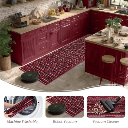 Kitchen Rugs Set of 2 Non Slip Red Floor Mats - 20x47 and 20x32 Inches