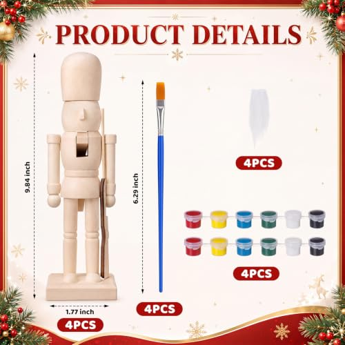 Unfinished Wooden Nutcracker Soldier Craft Set - 4 Pieces, 9.84 Inch DIY Christmas Decorations