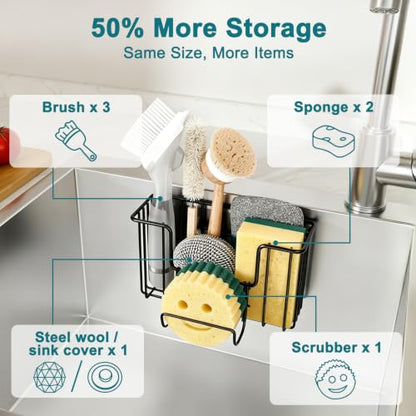 Black Sponge Holder for Kitchen Sink - Hanging Sink Organizer with Adhesive Hook