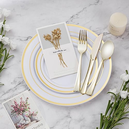 Disposable Plastic Dinnerware Set for 25 Guests - Gold Dinner Plates & Cutlery