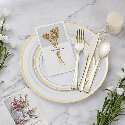Disposable Plastic Dinnerware Set for 25 Guests - Gold Dinner Plates & Cutlery