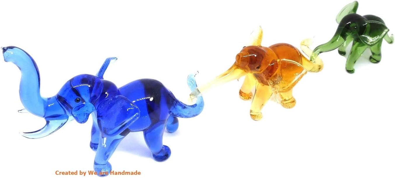 Skiennix Handmade Mini Elephant Family Figurines - 2" Blown Glass Art, Multicolor Jungle Decor