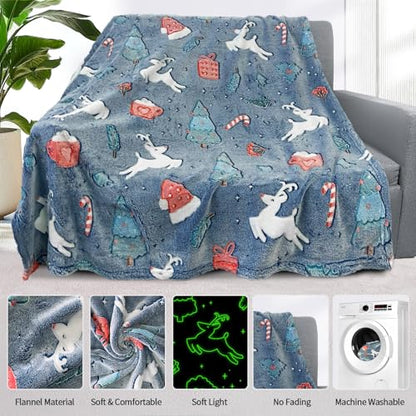 Christmas Glow in The Dark Blanket for Kids, Deer Design, 50x60 Inches