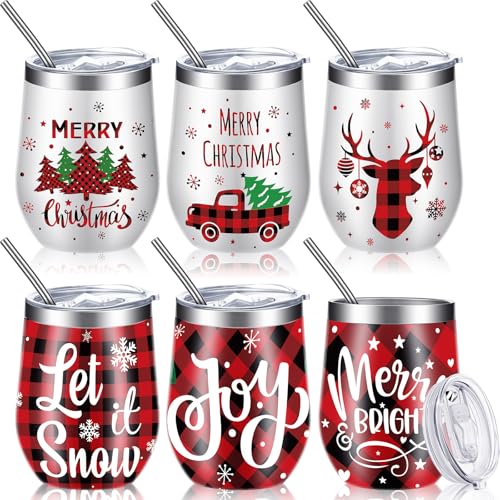 Ziliny Christmas Wine Tumbler Set with Lid & Straws - Plaid Style, 6 Pieces
