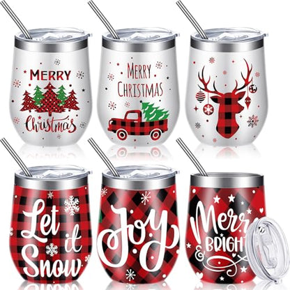 Ziliny Christmas Wine Tumbler Set with Lid & Straws - Plaid Style, 6 Pieces