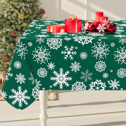 Christmas Table Cloth 60x102 Inch Flannel-Backed Vinyl Rectangular Tablecover - Green & White