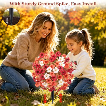 Artificial Mums Topiary Ball Flowers with Ground Spikes for Outdoor Decor - 2 Pack