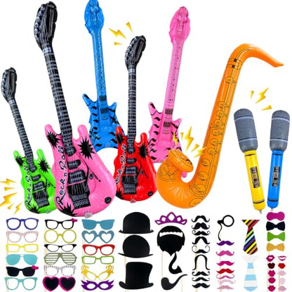 66PCS Photo Booth Props Set with Signs and Inflatable Musical Instruments for Parties