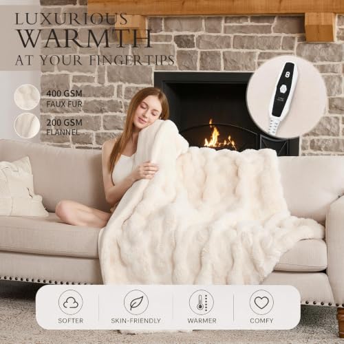 Electric Heated Blanket Throw 50x60 Bubble Beige Faux Fur with Overheat Protection