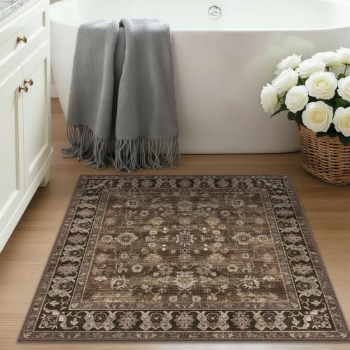 2x2 Square Bathroom Rug - Non-Slip Brown Washable Carpet