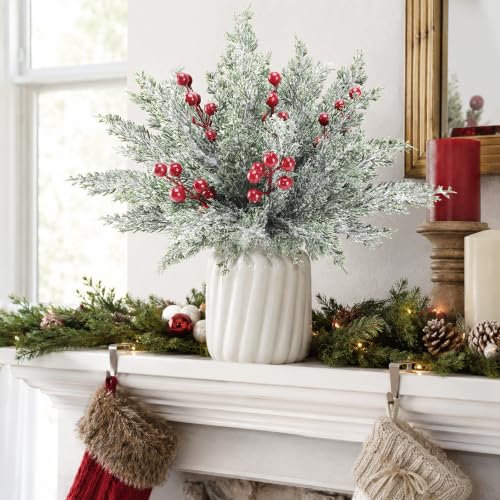50Pcs Christmas Snow Pine Branches with Red Berries - Snowy Norfolk Pine Stem Set