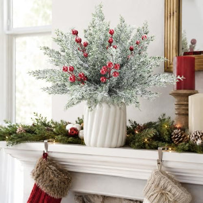 50Pcs Christmas Snow Pine Branches with Red Berries - Snowy Norfolk Pine Stem Set