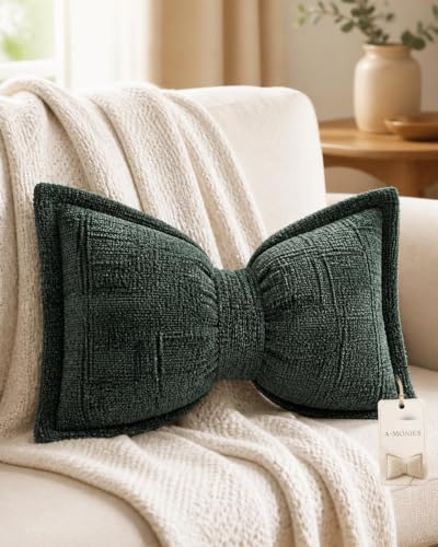 Green Bow-Shaped Chenille Throw Pillow - Girls Bedroom Decor, Insert Included