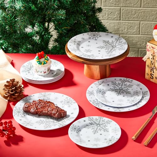 8 Inch Christmas Snowflake Plates Silver White Set of 10 - Winter Holiday Dinnerware
