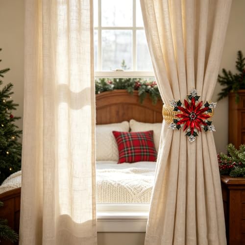 2-Pack Christmas Poinsettia Curtain Tiebacks - Festive Window Decor