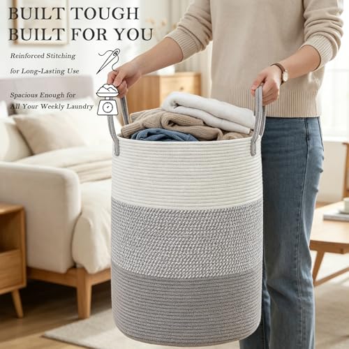 Large Woven Rope Laundry Hamper with Handles - Grey, 70L