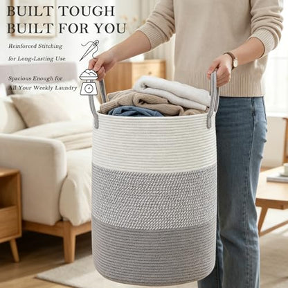 Large Woven Rope Laundry Hamper with Handles - Grey, 70L