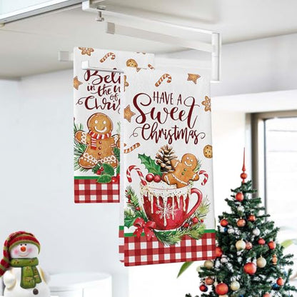 Have A Sweet Christmas Gingerbread Man Kitchen Dish Towels Set of 2 - Farmhouse Holiday Decor