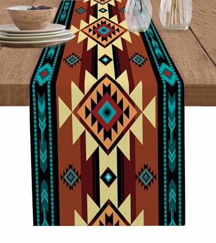 Farmhouse Cotton Linen Table Runner 13x48 Inches for Dining Table, Washable Ethnic Tribal Boho Style - Variation of THIS listing