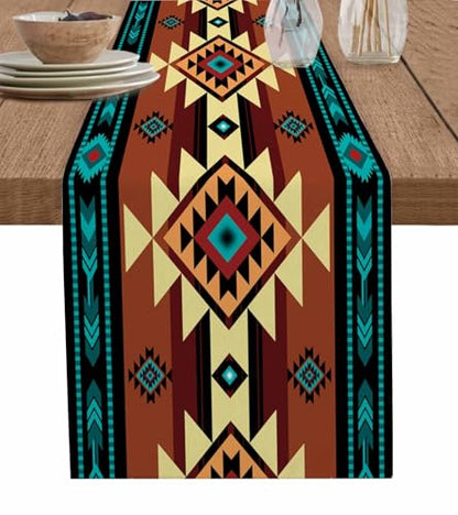 Farmhouse Cotton Linen Table Runner 13x48 Inches for Dining Table, Washable Ethnic Tribal Boho Style - Variation of THIS listing