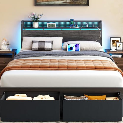 Queen Bed Frame with Storage Headboard, Charging Station & RGB Lights - Rustic Grey