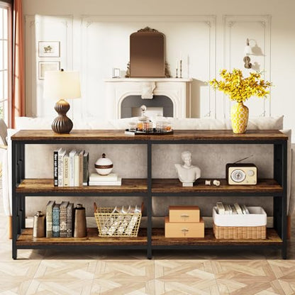 LITTLE TREE Rustic Brown & Black 70.9-Inch 3-Tier Console Table with Storage Shelves