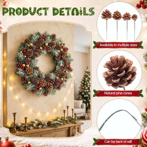 24 Pcs Natural Pine Cones for Christmas Decorations with Wired Picks