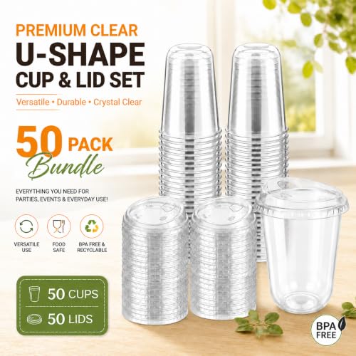 50 Pack 16 oz Clear Plastic Cups with Strawless Sip Lids for Cold Drinks