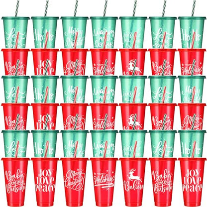 Christmas Plastic Cups with Lids & Straws - 50 Pack, 25 Oz, Reusable, Holiday Party Supplies, 10 Styles