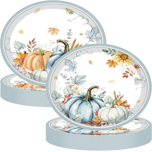 50Pcs Thanksgiving Oval Paper Plates 10x12 Inch Fall Watercolor Pumpkins