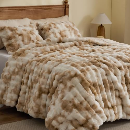Beige Tie Dye Faux Fur Comforter Set Queen Thick Winter Bedding