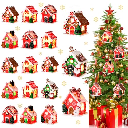 Christmas Gingerbread House Ornaments - 18 Lighted Holiday Decor - Classic