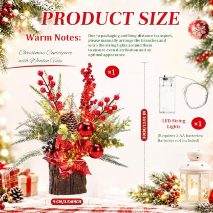 Christmas Tree Table Centerpiece with LED Lights - Red Poinsettia Variation