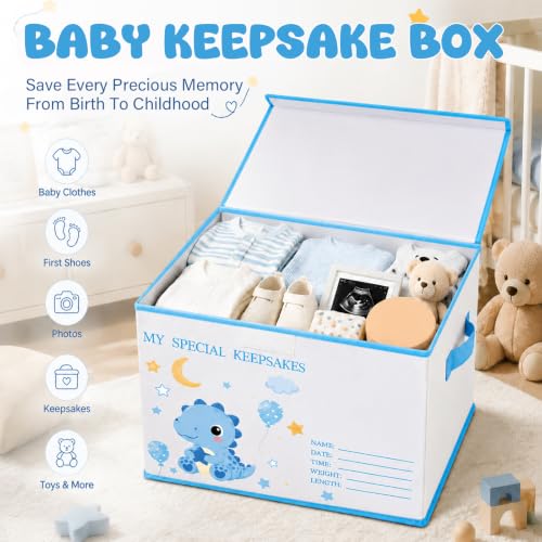 Baby Memory Keepsake Box 16x12x12 Inch Elephant Dinosaur Pattern - Blue