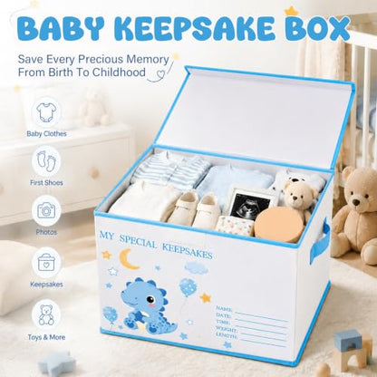Baby Memory Keepsake Box 16x12x12 Inch Elephant Dinosaur Pattern - Blue