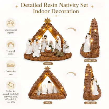Lighted Nativity Set for Christmas - 10.2 Inch Resin Manger Scene with LED Lights