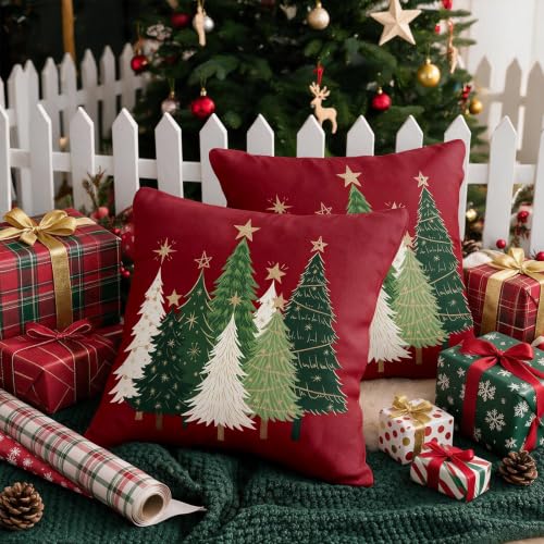 20x20 Christmas Pillow Covers Set of 2 Dark Red Xmas Tree Decor - Cotton Linen