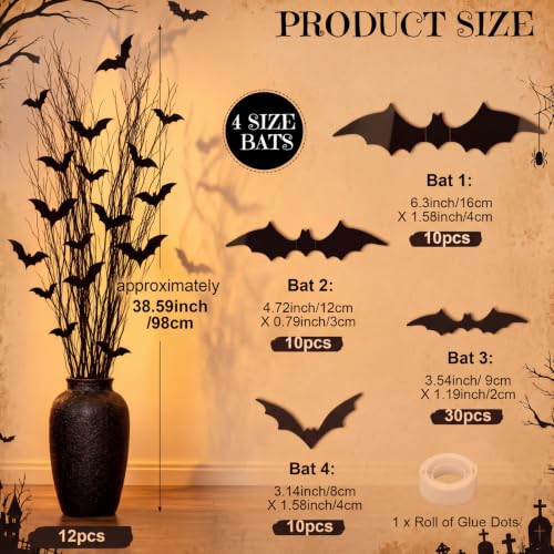 Halloween Dried Curly Willow Branches with 3D Bat Stickers & Vase Filler Set