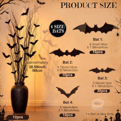Halloween Dried Curly Willow Branches with 3D Bat Stickers & Vase Filler Set
