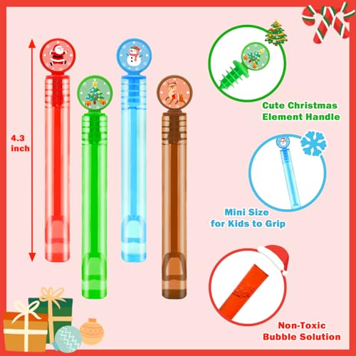 Christmas Mini Bubble Wands Set - 64 Pack with Santa, Tree, Snowman & Reindeer Designs - Holiday Party Favors & Gifts Variation of THIS listing