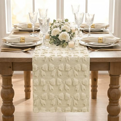 Beige Faux Fur Jacquard Bows Table Runner - 13x120 Inch Valentine Home Decor